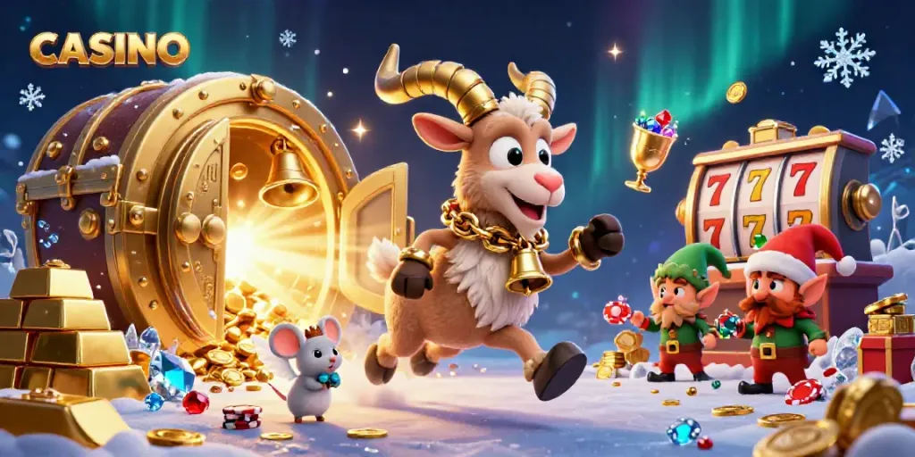 Experience the vibrant chaos of a CASINO run by Krampus, complete with festive characters and thrilling game elements.