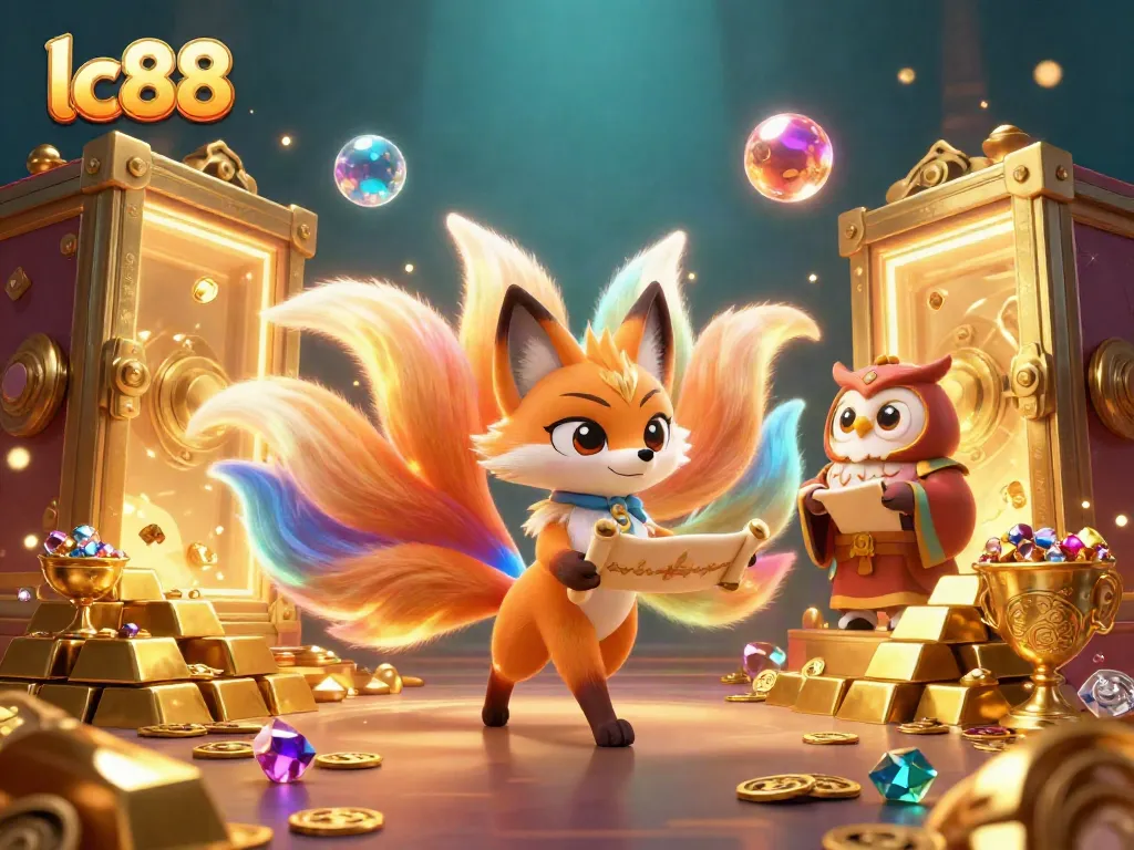 Experience vibrant lc88 casino action with a nine-tailed fox and owl sage amidst treasures.