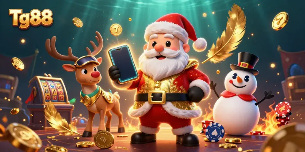 Tg88 showcases a vibrant casino scene with Santa and friends celebrating a jackpot win.