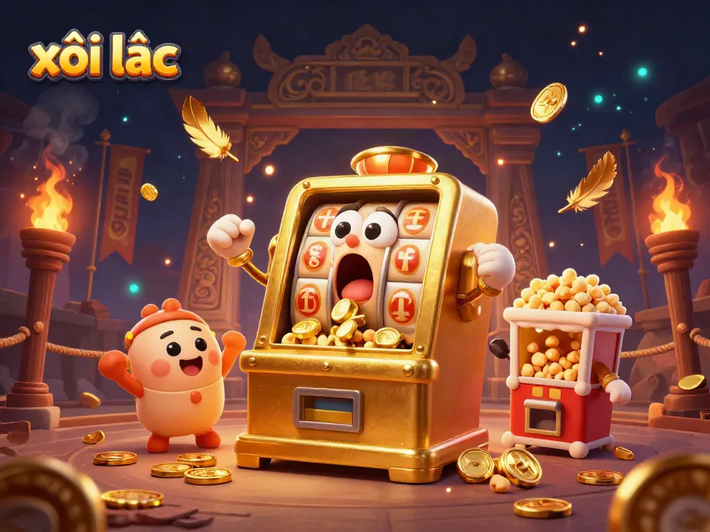 Celebrate wins with xôi lạc as golden slot machines pour out coins in a festive casino scene.