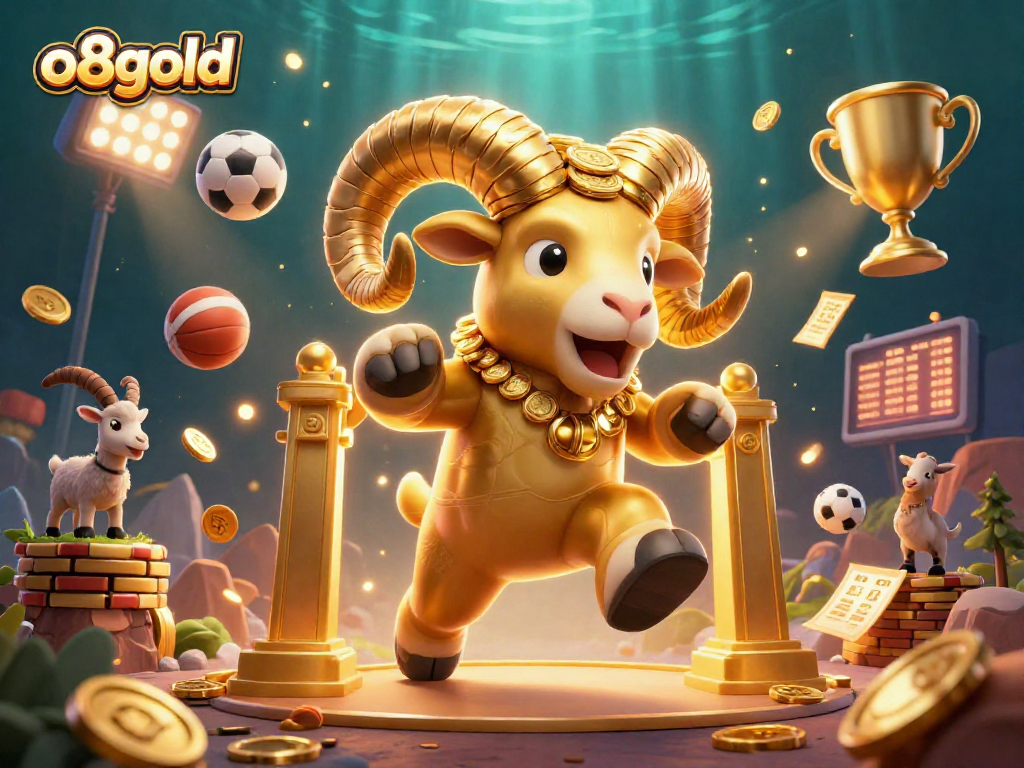 Experience the thrill with o8gold's 3D casino scene featuring an energetic golden ram amidst dynamic sports elements.