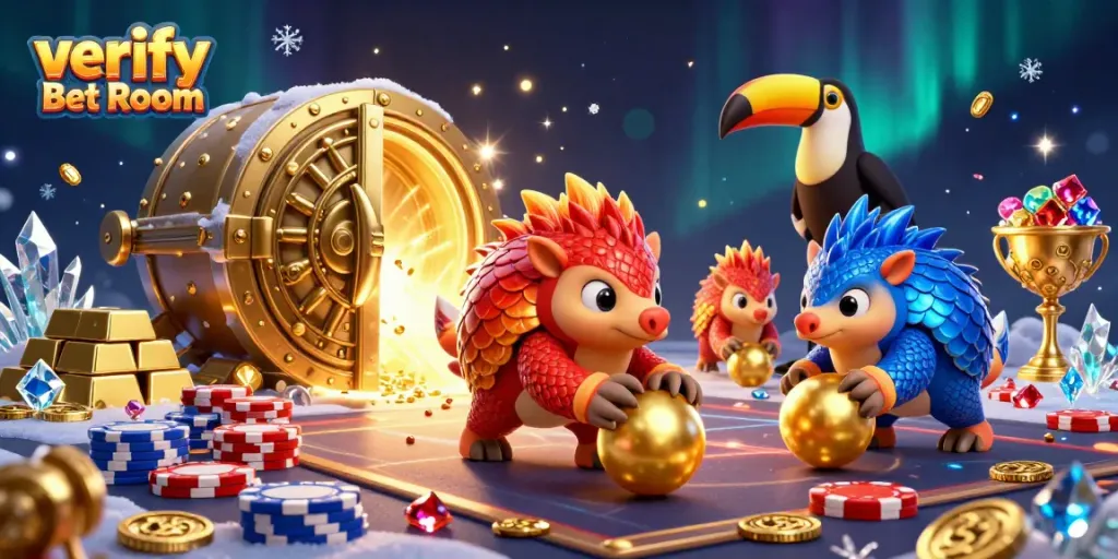 Verify Bet Room with pangolins bowling through poker chips in a vibrant casino scene.