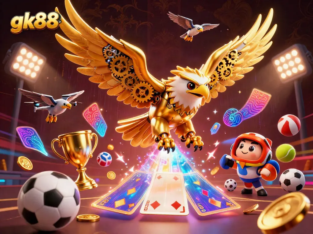 Experience the immersive gaming world of gk88 with a golden eagle flying through dynamic casino elements.