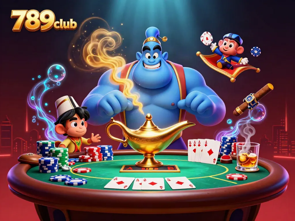 Engage with exciting poker action at 789club amidst colorful chips and magical illustrations.