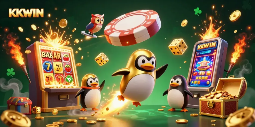 Experience KKWIN's dazzling slot adventure with golden penguins and explosive jackpots!