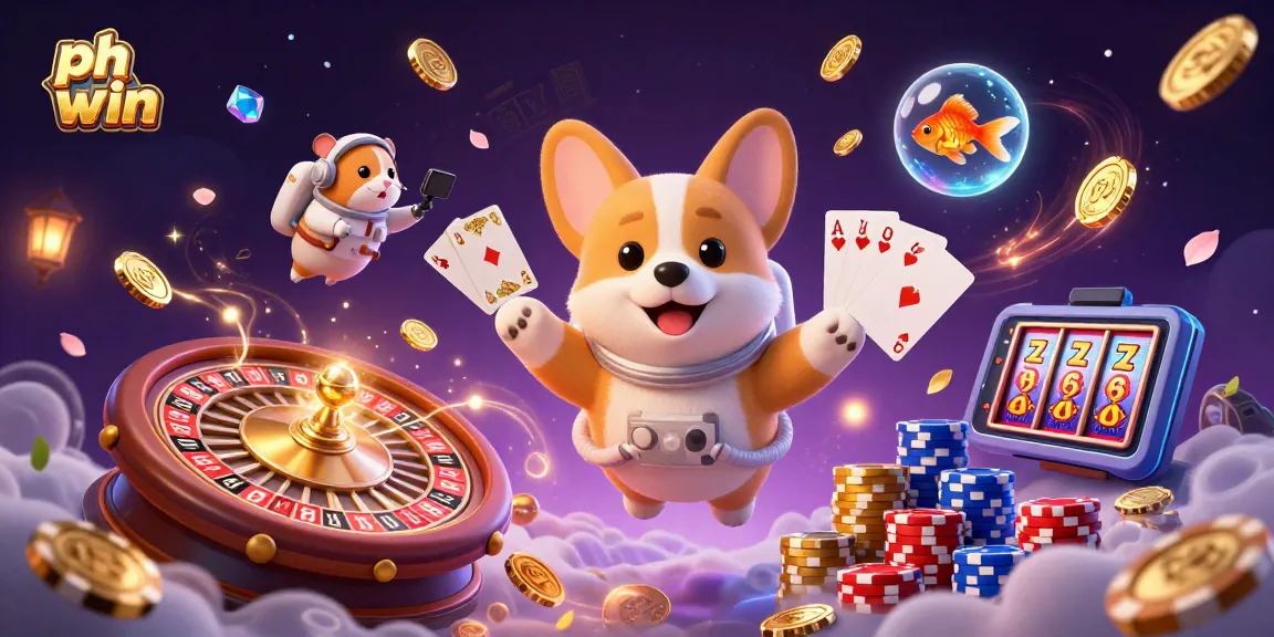 Play and win with PH WIN in a vibrant casino scene featuring a cute astronaut corgi.