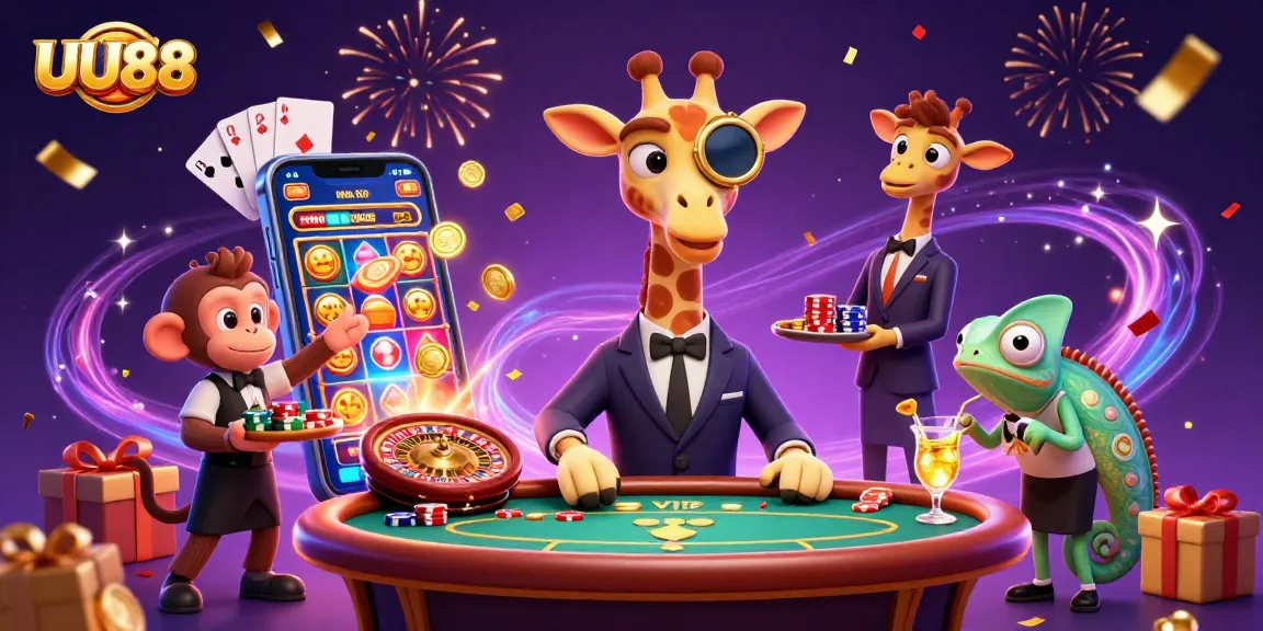 UU88 features a high-roller giraffe at a poker table with a monkey valet and a chameleon bartender, celebrating wins.