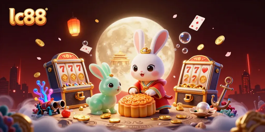 Experience exciting lc88 casino games with the moon rabbit revealing poker chips from mooncakes amidst a vivid scene.