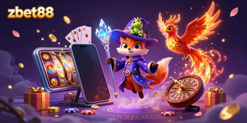 Engage with zbet88's immersive gaming experience featuring a wizard fox, phoenix, and vibrant slot elements.