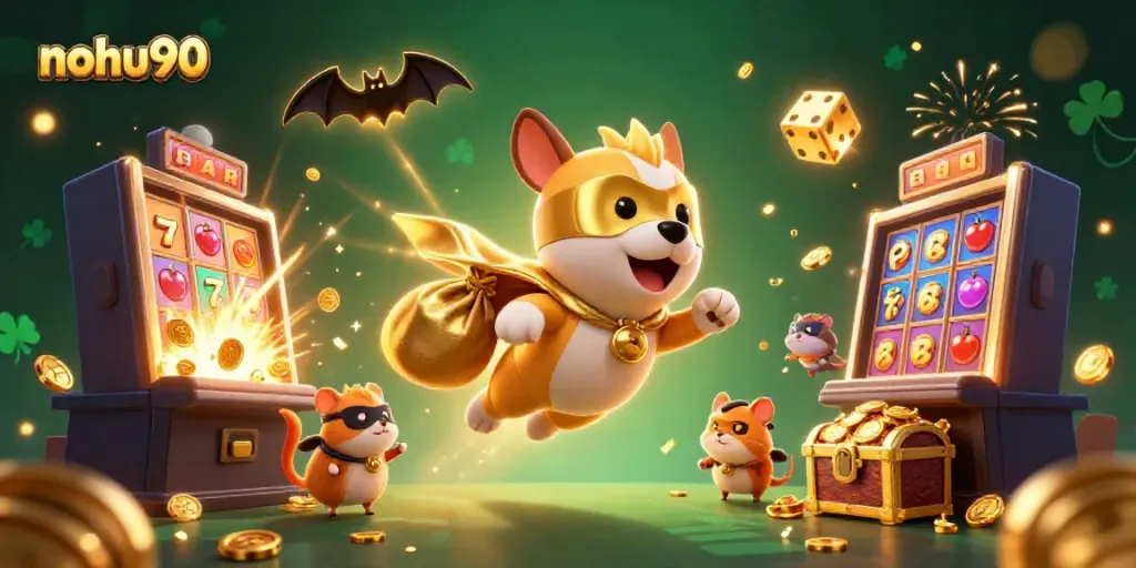 Nohu90 superhero dog flying with a bag of coins amidst a colorful casino explosion.