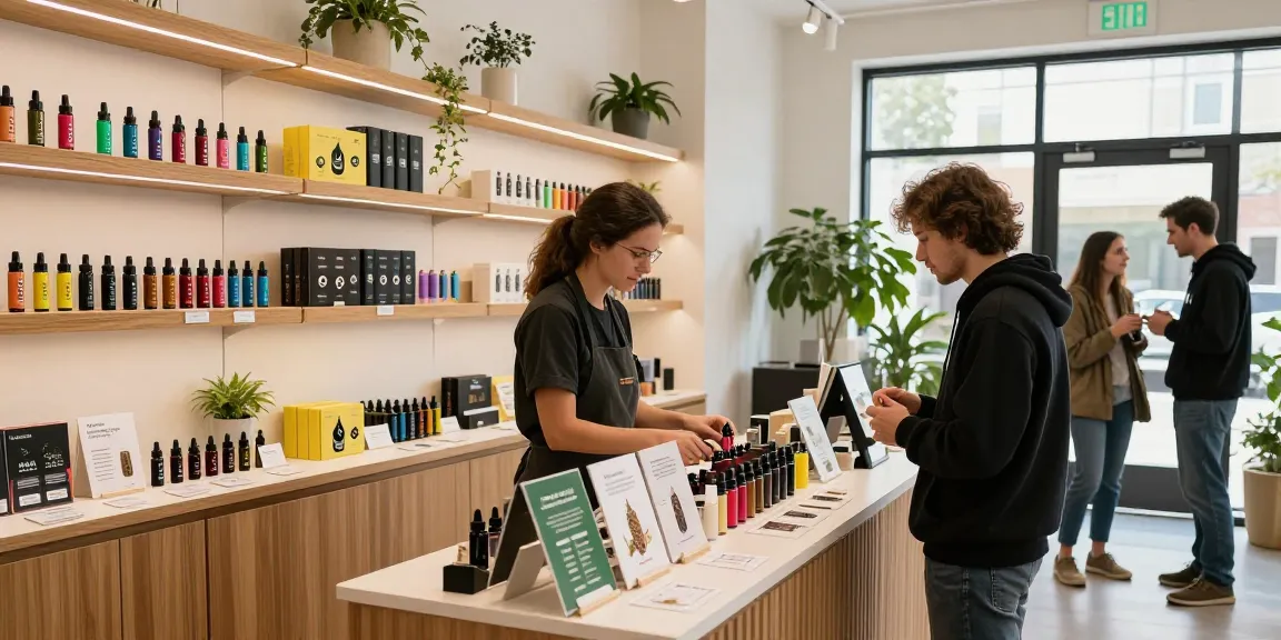 Engaging boutique scene showcasing various thc vapes and products with knowledgeable staff assisting customers.