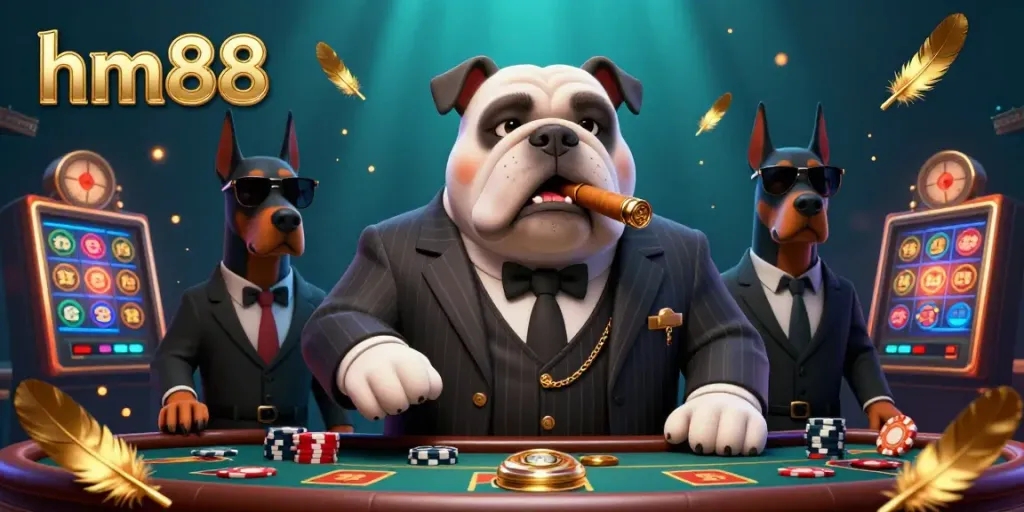Experience the thrill of hm88 as a mafia boss bulldog leads two Doberman bodyguards in a vibrant casino setting.