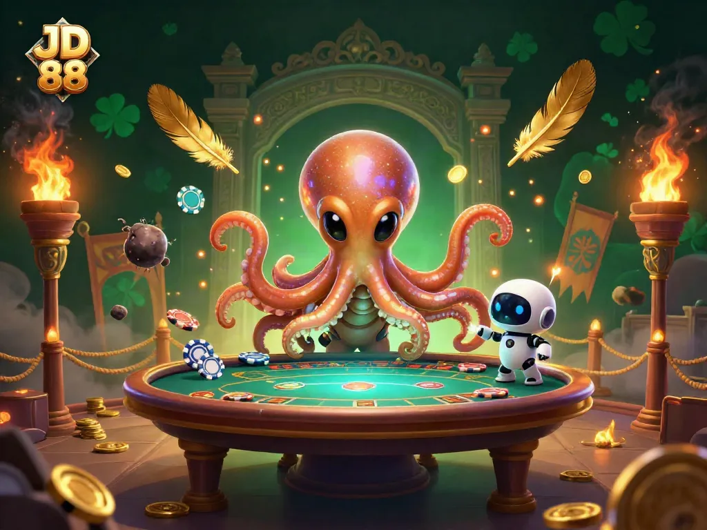 Experience thrilling poker action at JD 88 with an alien octopus and robot in a vibrant casino scene.
