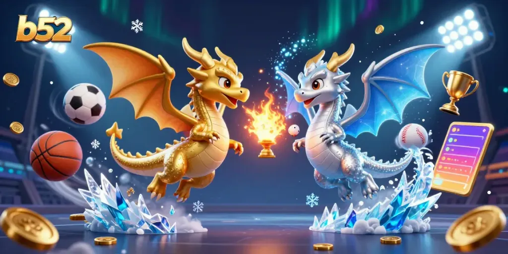 Engage in thrilling adventures at b52 with cartoon dragons and sports elements in an exciting gaming scene.