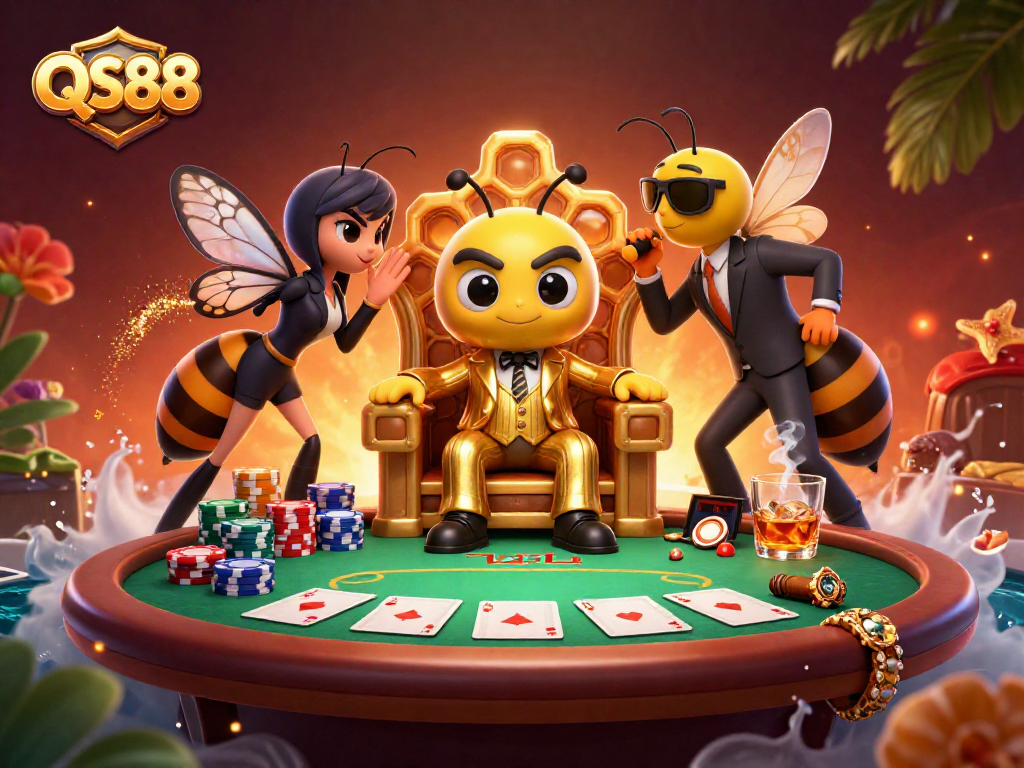 Engage with QS88's thrilling poker atmosphere featuring characters in a dynamic casino setting.