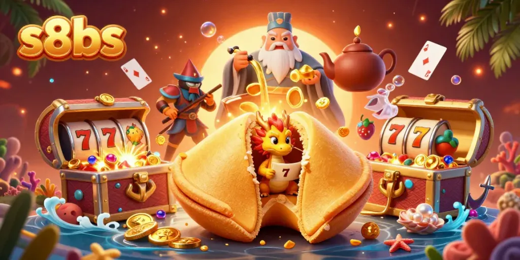 Experience thrilling casino excitement with s8bs, featuring golden fortune cookie, slot elements, and vibrant gold coins.