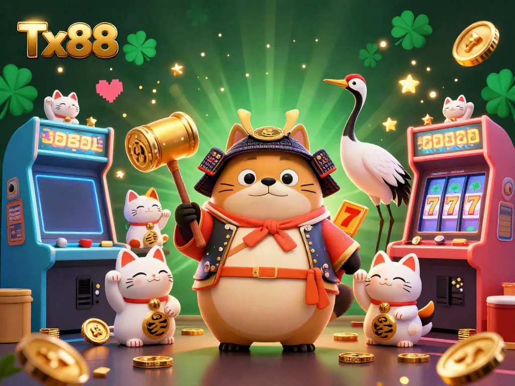 Experience the vibrant Tx88 casino gaming atmosphere with cheerful characters and colorful game elements showcasing excitement and luck.