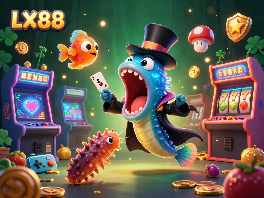 Experience the magic of LX88 with a bioluminescent eel performing card tricks amidst vibrant casino elements.