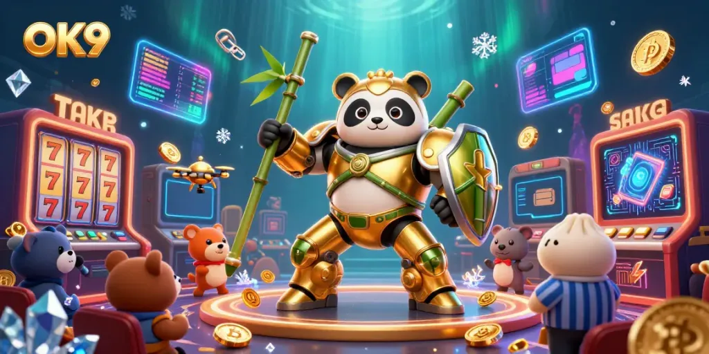 Experience excitement at OK9 casino with a vibrant arena filled with characters, coins, and gaming visuals.