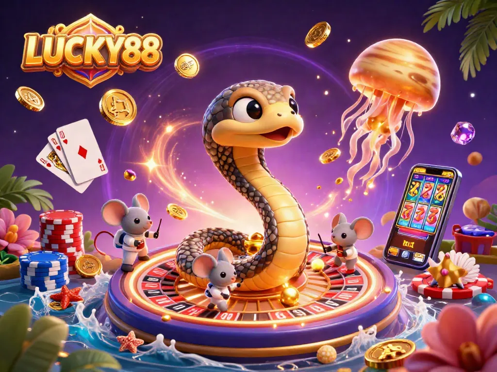 Experience the thrill of winning at LUCKY88 with a dynamic cosmic casino illustration featuring casino elements.