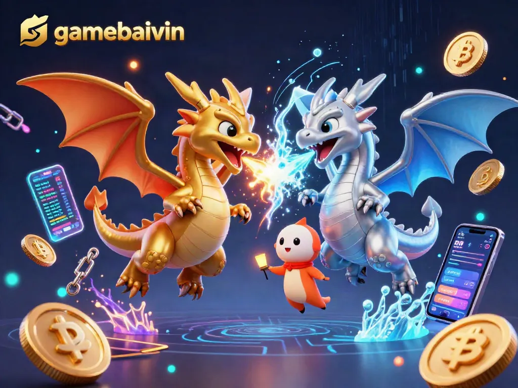 Engage with gamebaivin by experiencing captivating online gaming adventures among 3D dragons in a vibrant scene.
