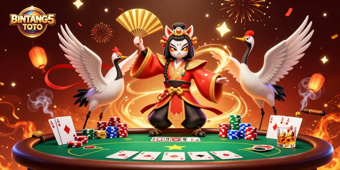 BINTANG5TOTO showcases an action-packed scene with a kabuki warrior and casino elements.