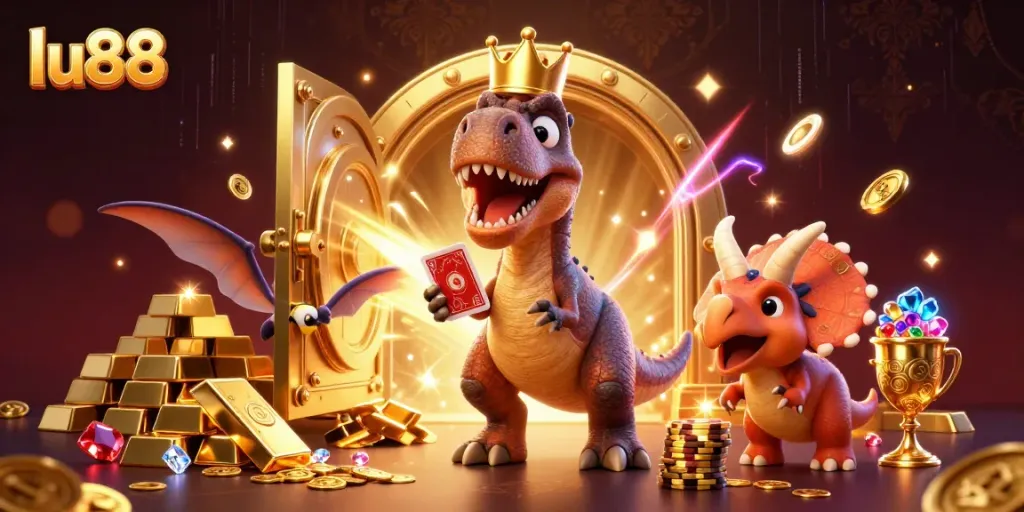 Experience thrilling gaming at LU88 with a vibrant scene of characters engaging in casino fun.