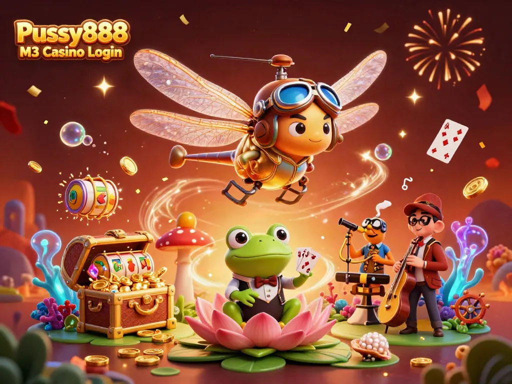 Experience strategic play and fun with Pussy888 M3 Casino Login in a vibrant, animated casino scene.