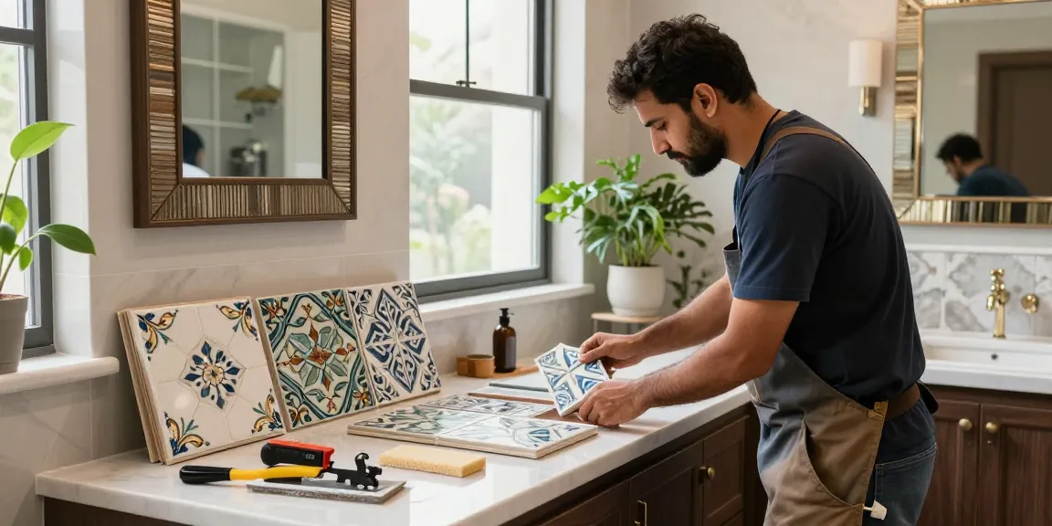 مقاول سيراميك باكستاني يقوم بتركيب بلاط سيراميك أنيق في حمام فاخر مع أدوات التركيب وأضواء طبيعية.