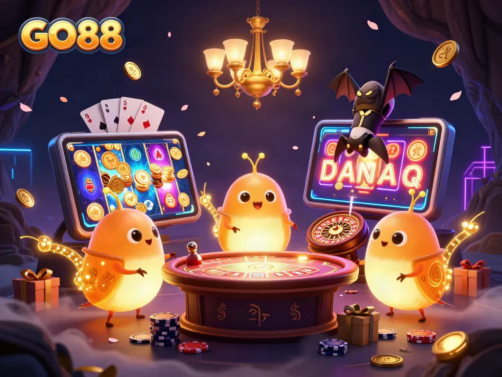 Engage with GO88's vibrant casino adventure featuring glowworms and a bat dealer in a neon-lit scene.