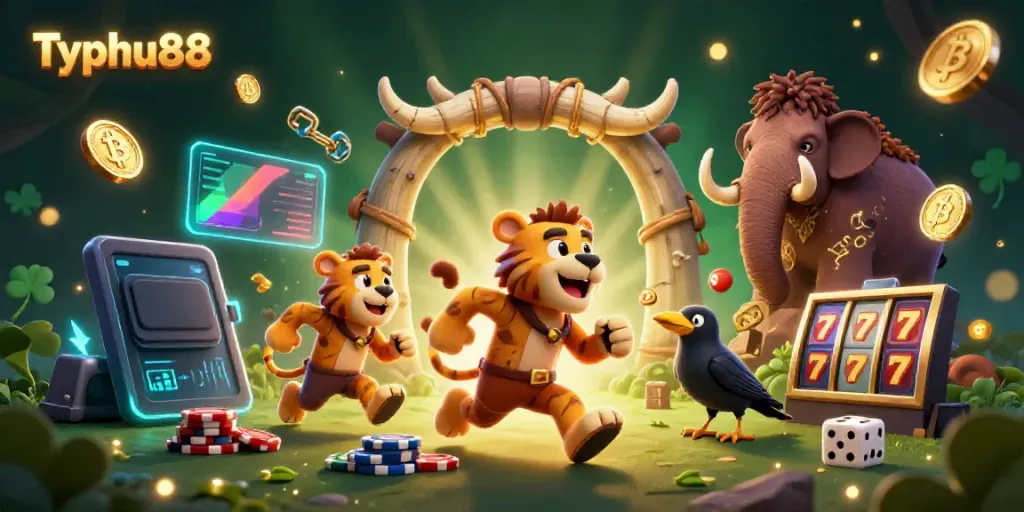 Experience thrilling gameplay with Typhu88 in a vibrant prehistoric casino scene filled with excitement.