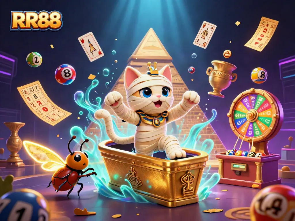 RR88 brings excitement to players with colorful lottery balls and a dramatic mummy scene in a vibrant casino.