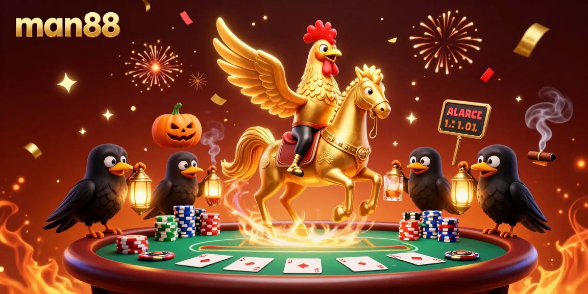 Experience man88's vibrant casino atmosphere with a golden rooster hero and festive gaming elements.