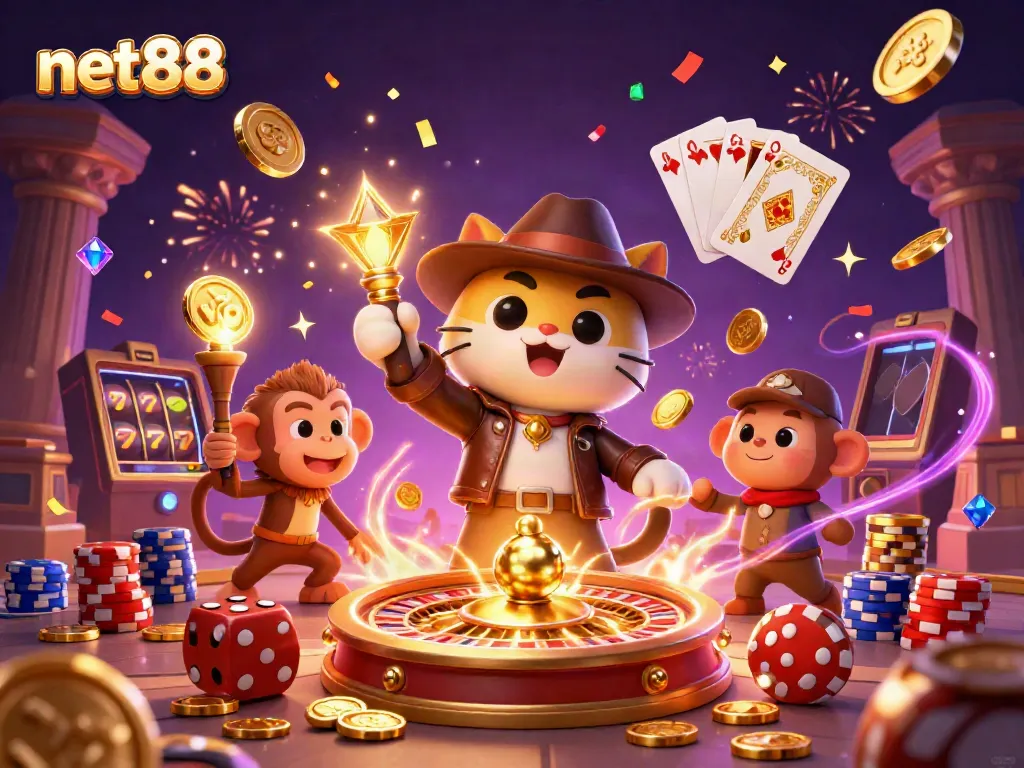 Experience thrilling games at net88 with a vibrant scene of 3D characters celebrating casino wins.
