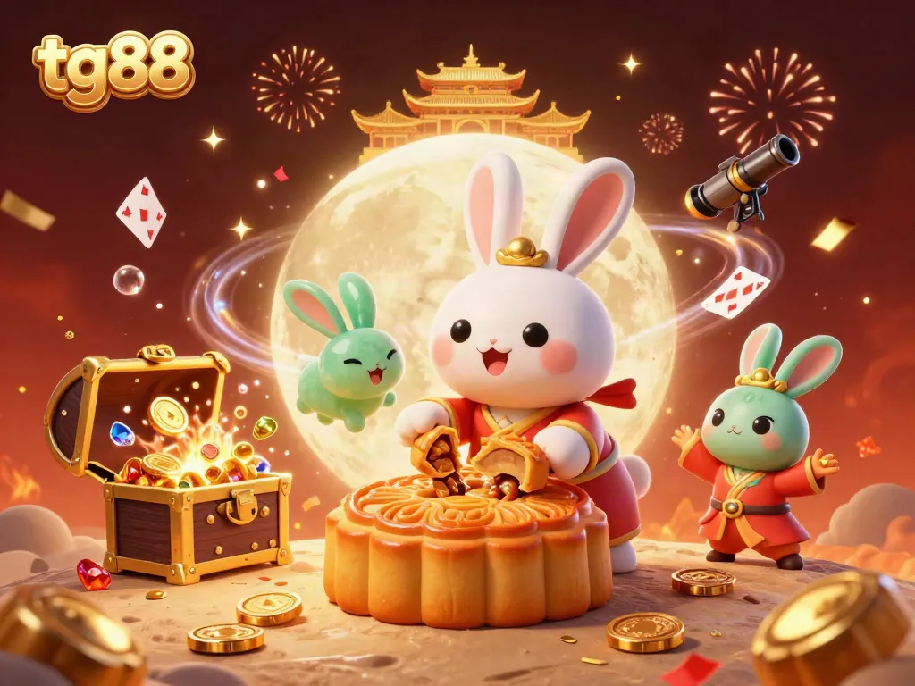 Experience the thrill of tg88 with our vibrant 3D casino illustration featuring a moon rabbit and poker chips.