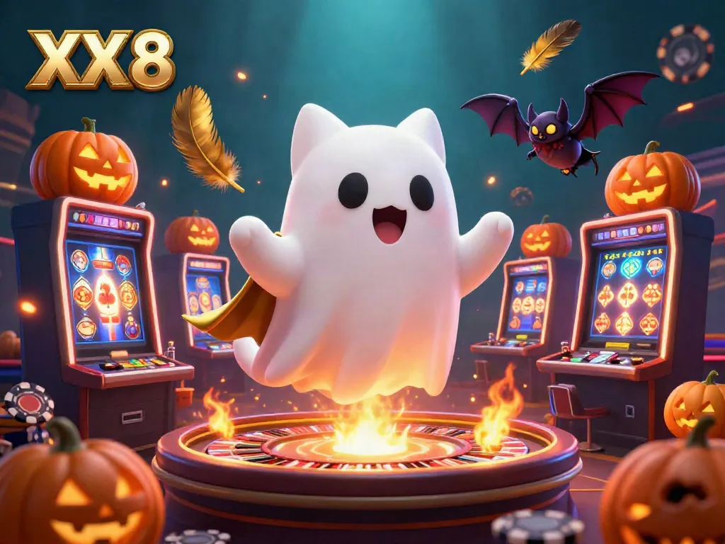 Join the ghost cat in a vibrant casino adventure at XX 8, exploring thrills amid glowing jack-o-lanterns.
