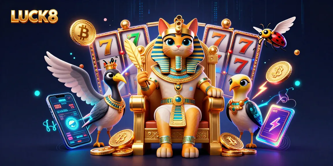 LUCK8 showcases immersive online slots with a vibrant pharaoh cat in a rich casino scene.