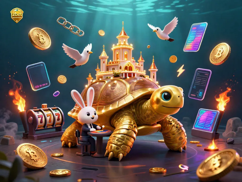 Experience zbet with a whimsical golden tortoise casino scene featuring a rabbit dealer and flying coins.