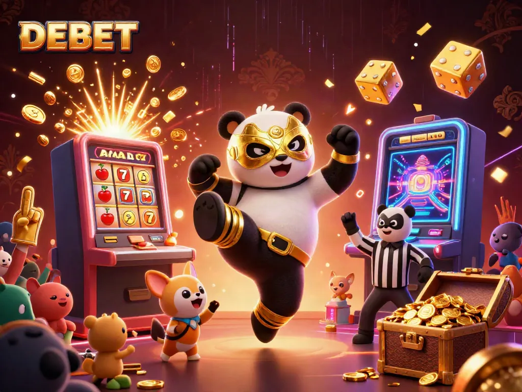 Experience thrilling gameplay at DEBET with a dynamic illustration of excitement and casino charm.
