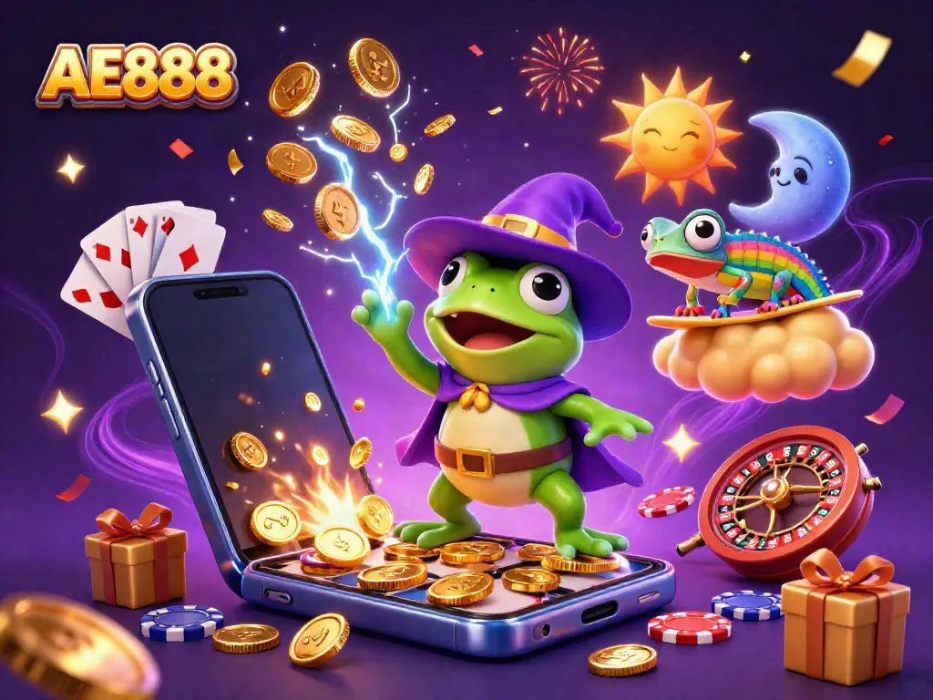 Experience the excitement of AE888 with a wizard frog and chameleon among casino games and golden coins.