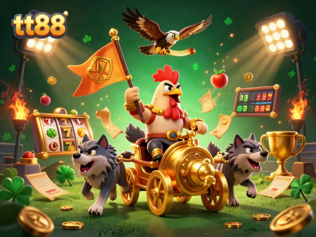 Engage with exciting slots at tt88, featuring a dynamic casino battle scene with roaring gameplay elements.