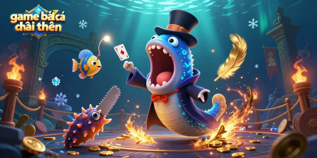 Engage with the vibrant game bắn cá đổi thưởng experience featuring whimsical characters and dynamic gaming elements in a magical underwater scene.
