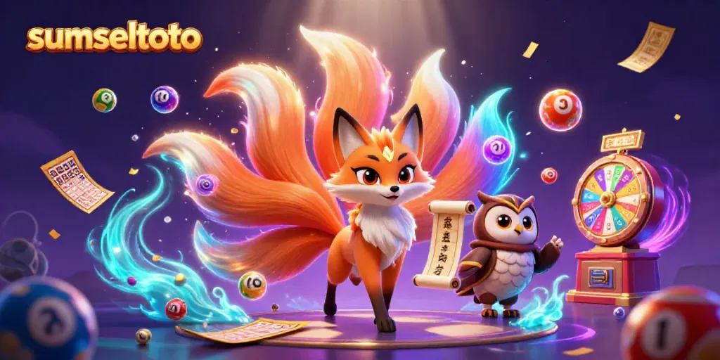 Engage in thrilling lottery games with sumseltoto featuring a colorful 3D fox and owl in a magical scene.
