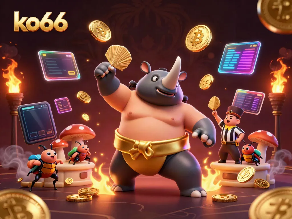 Explore thrilling actions with ko66 featuring a rhinoceros beetle champion amidst flying coins and blockchain elements.