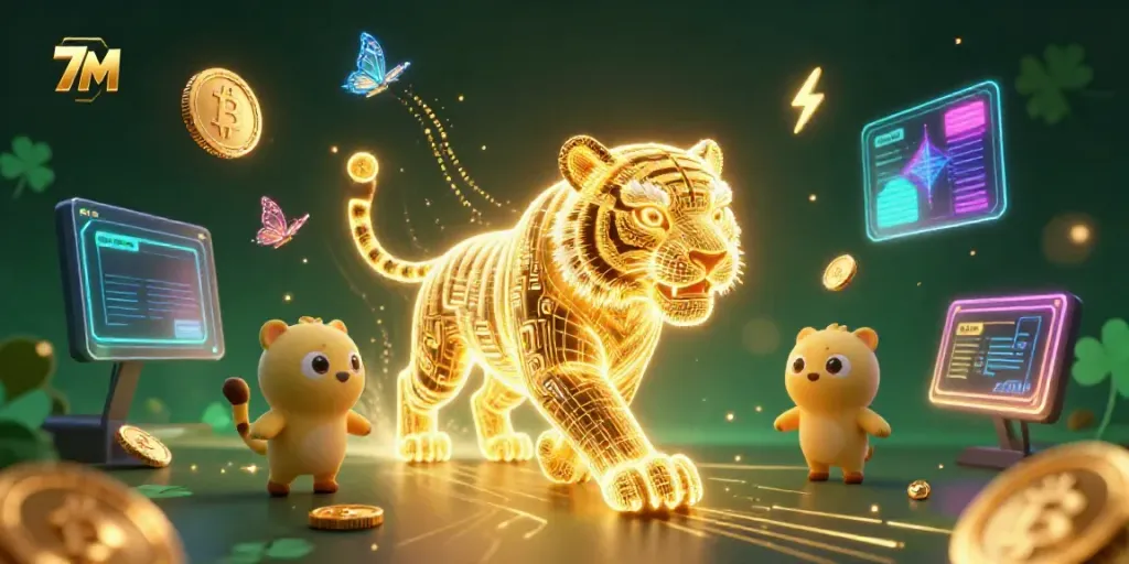 Experience exciting wins at 7M with a neon tiger navigating a vibrant digital casino landscape.
