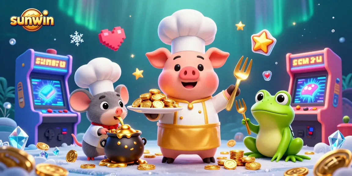 Experience sunwin's exciting games with a chef pig serving gold coins and vibrant arcade elements in action.