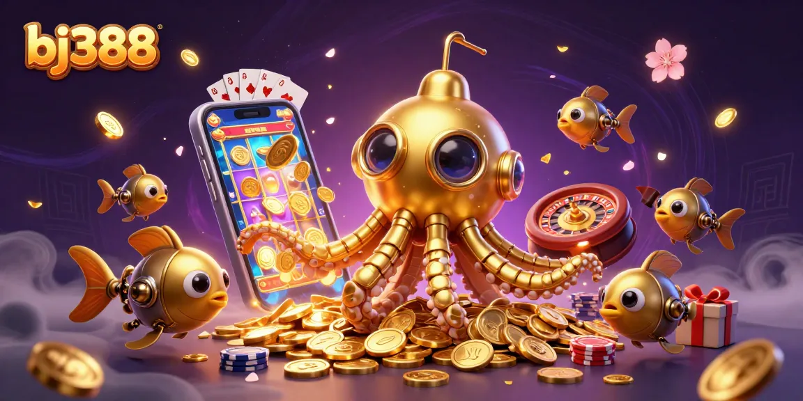 Bj388 players enjoying a vibrant underwater casino scene with gold coins and slot games.