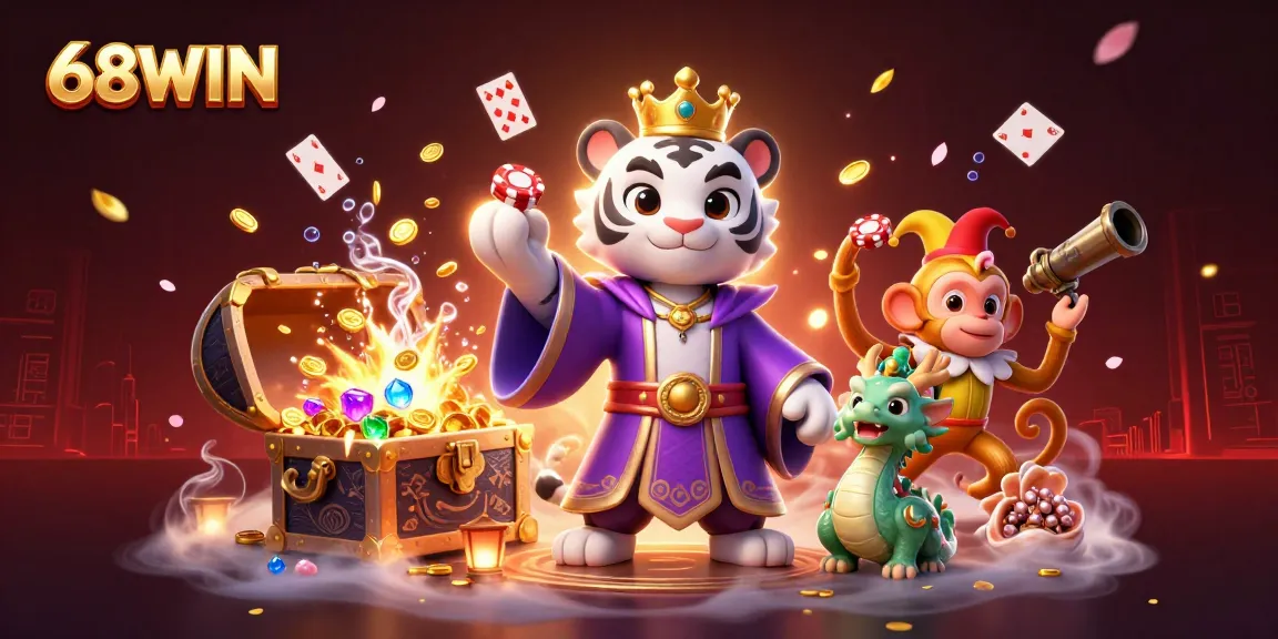 Experience thrilling gameplay with 68WIN, featuring a dynamic 3D scene of gambling elements like poker chips and treasure.