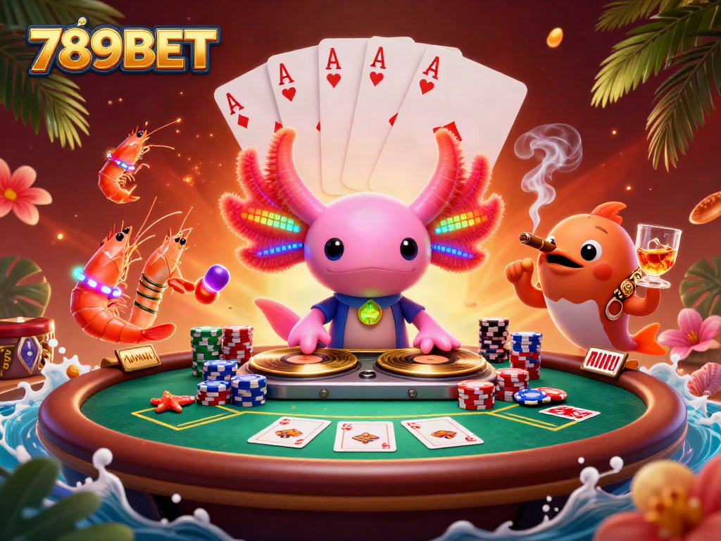 Engage with exciting games at 789BET, featuring vibrant axolotl DJ and dynamic poker elements.