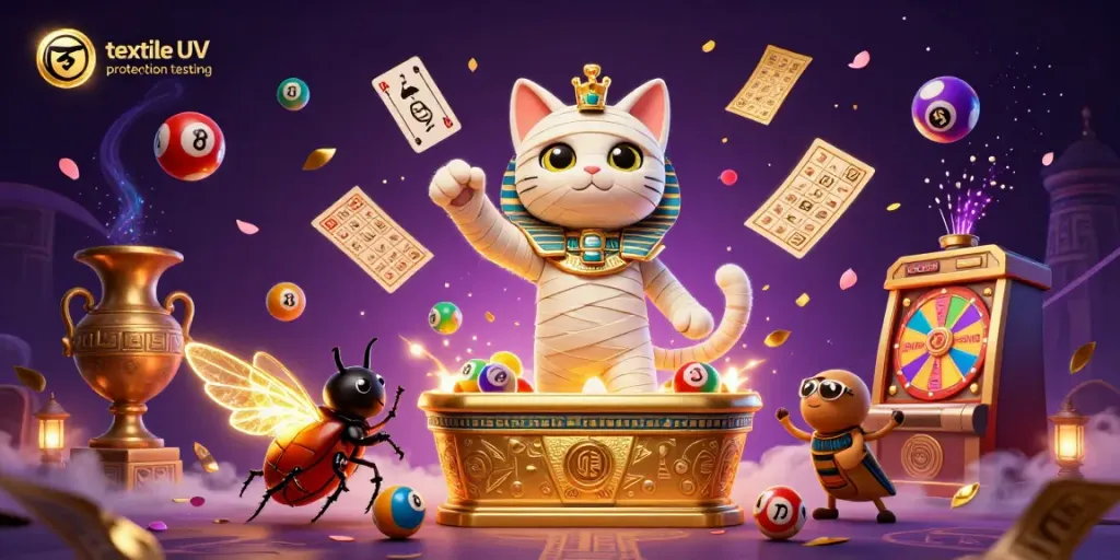 Engaging textile UV protection testing scene with a mummy cat and vibrant casino elements for dynamic interaction.